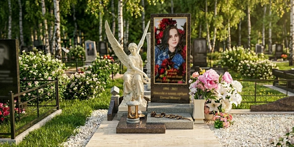Эстетичный мемориальный комплекс из гранита с портретом девушки, статуей белого ангела и розовыми цветами на фоне березовой рощи.